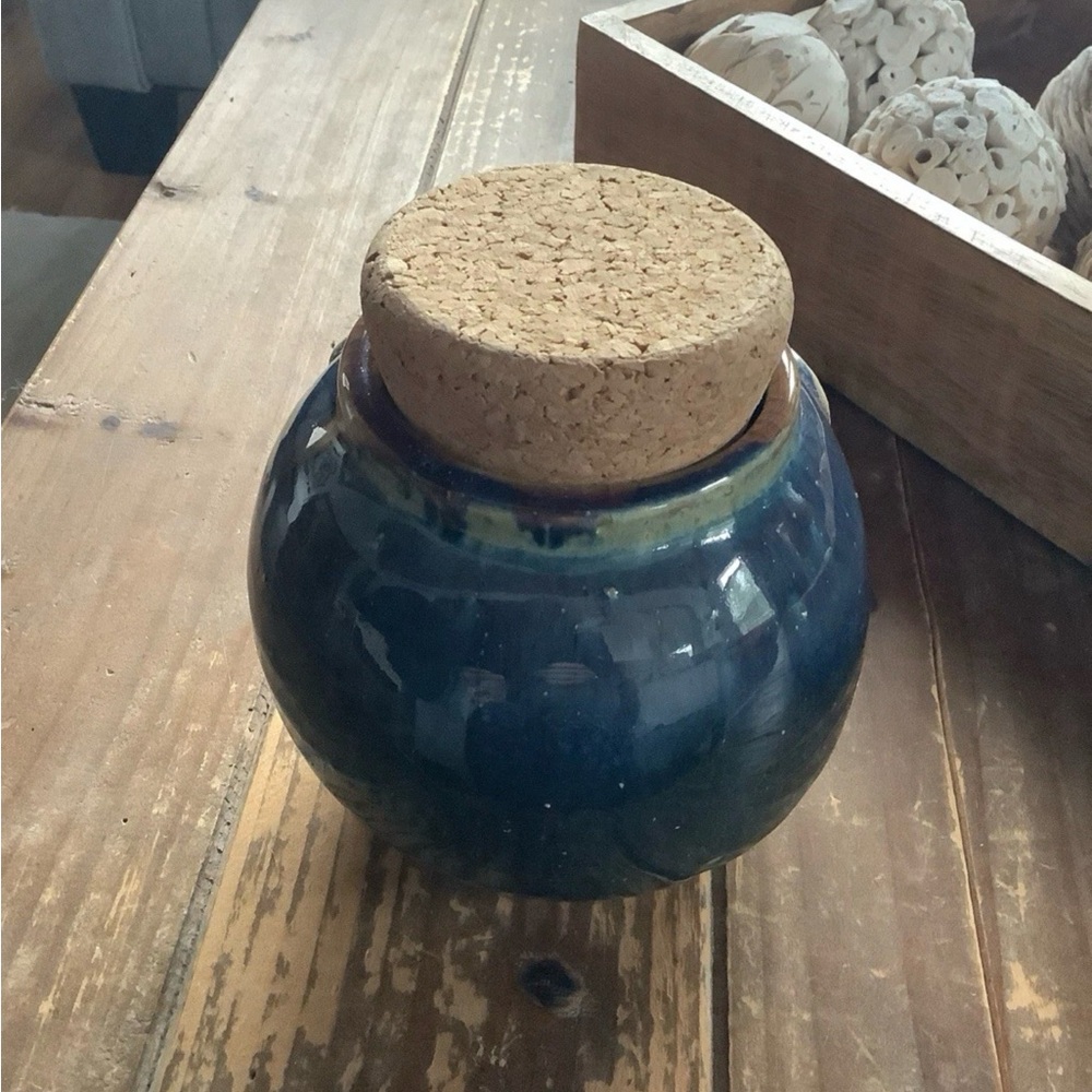 Ceramic Jar with Cork Lid - Blue and Brown - Picture 2 of 5